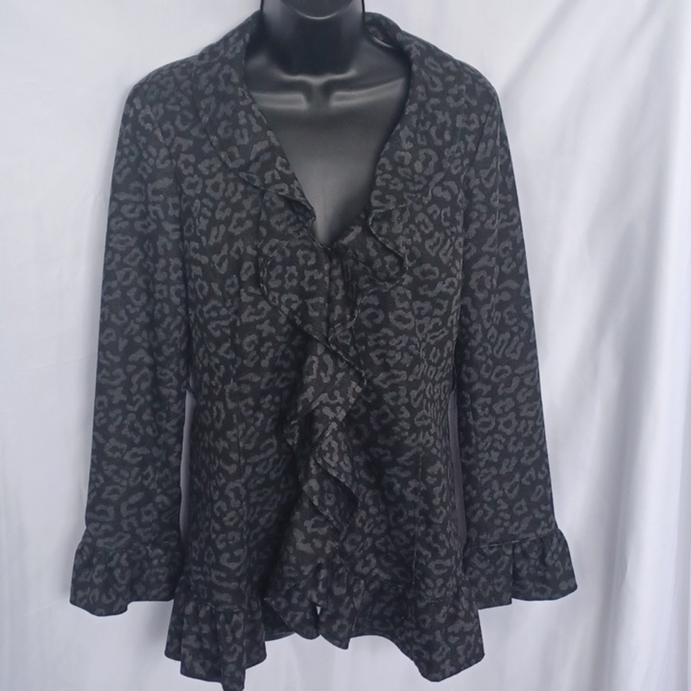 Sandro Animal Print Jacket Gray Black, snap closure, ruffle front & hem